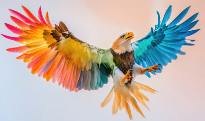 Obraz premium Vibrant, colorful eagle with expansive wings, showcasing a blend of hues, symbolizing freedom and beauty in nature.