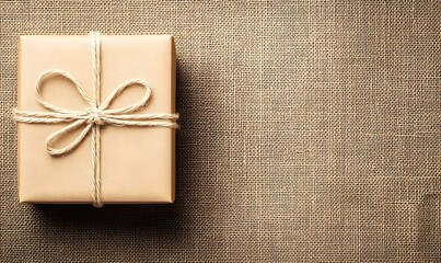 Small square gift wrapped in brown kraft paper tied with twine bow on burlap background.