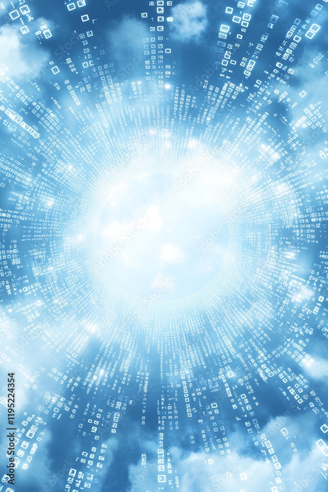 Poster digital vortex swirling binary code in blue and white, creating a technological atmosphere