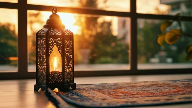 Beautifully Crafted Lantern Illuminating a Cozy Room with a Colorful Rug at Sunset, Creating a Warm and Inviting Atmosphere