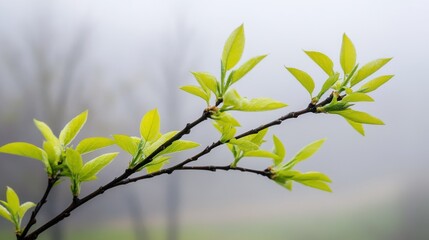 Obraz premium Delicate willow branches in fresh green, soft morning light, serene and minimalist Qingming Festival scene.
