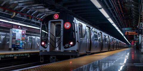 Obraz premium A subway train at a station, illuminated by artificial lights, showcasing urban transport infrastructure.