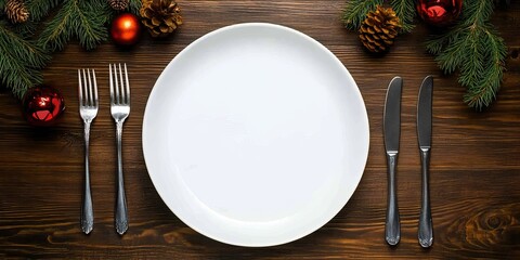 A festive dining setup featuring a blank plate surrounded by silverware and holiday decorations, perfect for a seasonal celebration.