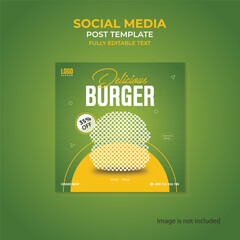 Social Media Post Template for restaurant business marketing. Delicious Burger sale post design.
