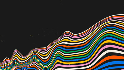 Vector illustration. Vibrant wavy rainbow lines on a black background. Psychedelic retro aesthetic with bold curves and dynamic flow. Design for modern posters, wallpapers, or digital designs