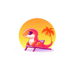 Charming cartoon lizard relaxing on a beach chair sunset scene digital art tropical environment whimsical viewpoint