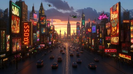 Fototapeta premium A futuristic cityscape with towering glass skyscrapers, glowing neon signs, and flying vehicles at dusk, showcasing advanced urban design