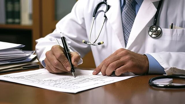Doctor Completing Insurance Claim Form in Clinic Setting