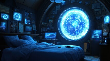 Fototapeta premium Futuristic bedroom with a holographic window displaying swirling blue data; surrounded by old photos and tech screens, creating a blend of past and future aesthetics.