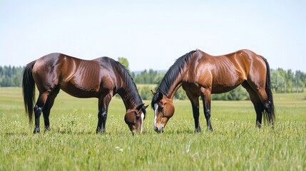 Fototapeta premium Two brown horses grazing in a lush green field under clear skies.