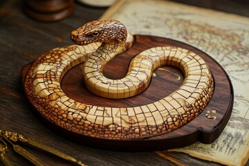 Obraz premium Intricate wooden snake, coiled on dark base.