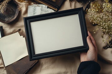 Empty Frame Mockup:  A person's hands gently hold a simple black frame against a textured background of vintage stationery, dried flowers, and antique objects.