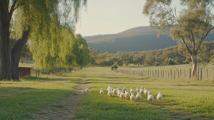 Fototapeta premium A Serene Landscape with Flock of Birds Walking Along a Scenic Dirt Path Surrounded by Lush Greenery and Rolling Hills Under Clear Blue Skies