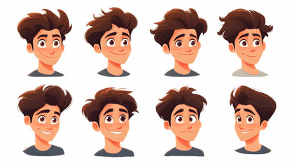 Cartoon avatars with different hairstyles and facial expressions on a white background. Flat design character illustrations for profile pictures and social media