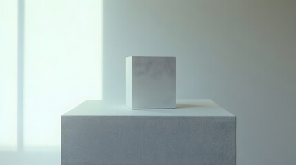 Minimalist White Cube on Pedestal in Soft Natural Light Setting