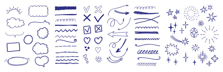 Set of hand-drawn doodle-style frames featuring strikethroughs, crosses, check marks, hearts