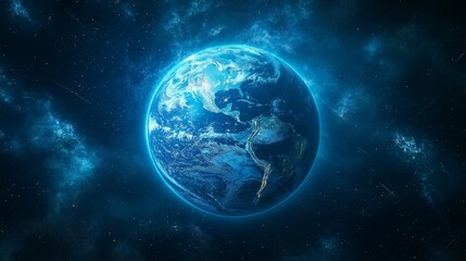 Glowing blue digital representation of Earth with vibrant cosmic background