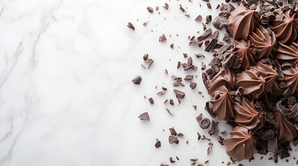 Chocolate Indulgence: A decadent arrangement of rich chocolate frosting swirls and coarsely chopped dark chocolate pieces artfully scattered on a marble surface.