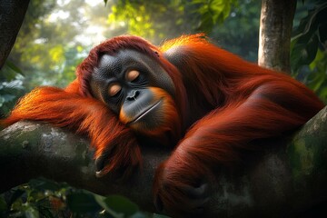 The orangutan is focused, using its hands to arrange the leaves evenly on the sturdy branches, creating a soft, inviting resting place
