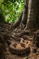 Large snake near tree roots, dappled sunlight.
