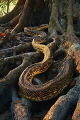 Obraz premium Large snake coiled amongst tree roots, sunlight.