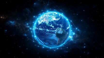 Glowing blue digital representation of Earth with vibrant cosmic background