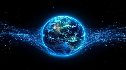 Glowing blue digital representation of Earth illuminated in the dark