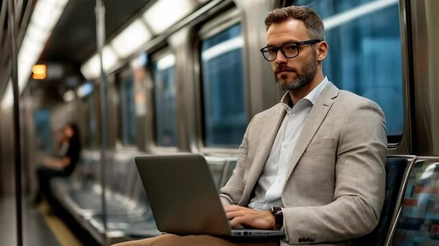 portrait of  businessman in suit with laptop in a subway train