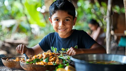 A boy learns about Indigenous food traditions, participating in a cooking workshop that highlights sustainable practices and rich flavors
