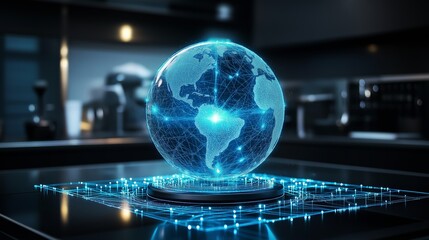 Glowing blue digital Earth model with network connections in a modern setting