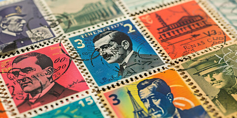 Fototapeta premium Collection of Vintage Postage Stamps with Portraits and Architectural Designs