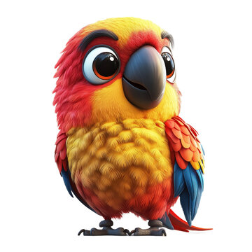 3D cartoon parrot, against a clean transparent background
