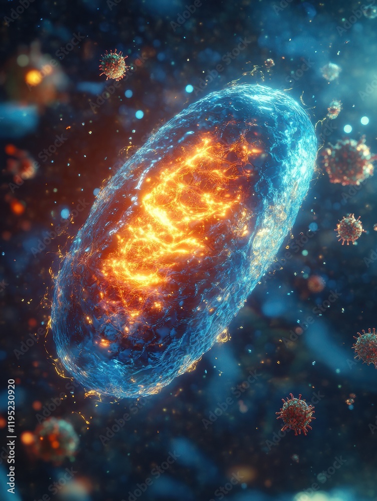 Aufkleber glowing cell encounters menacing viruses in a vibrant microscopic world filled with danger. generati