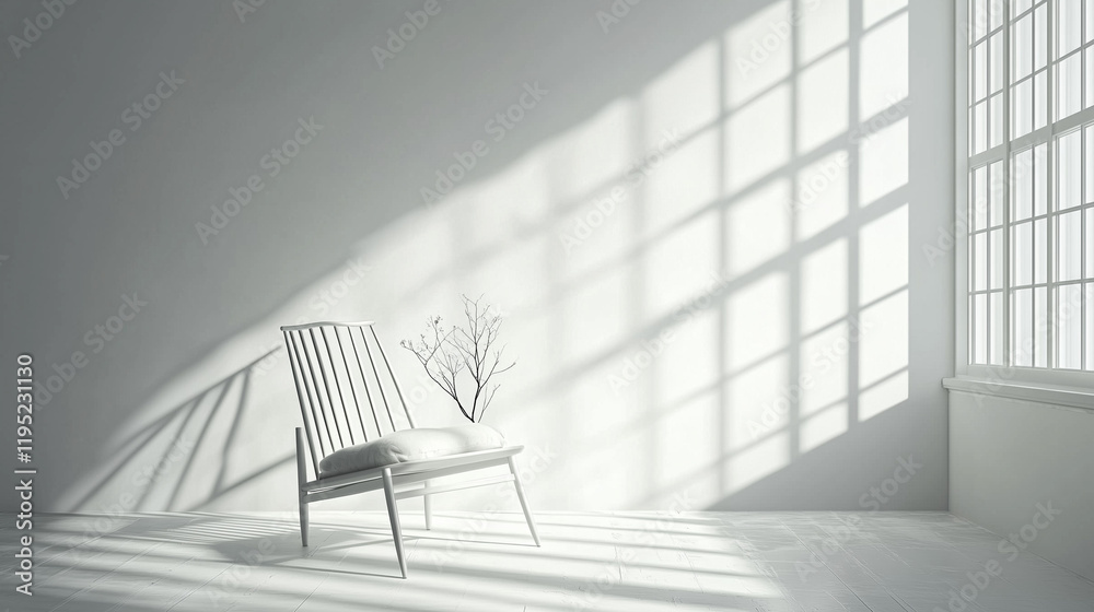 Poster minimalist scandinavian interior with bright sunlight streaming through a large window onto an isola