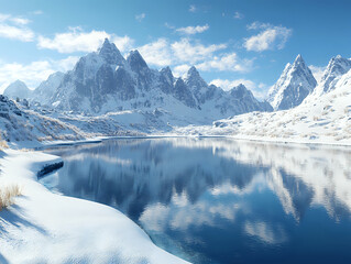 Vast frozen lake surrounded by majestic snow-covered mountain ranges