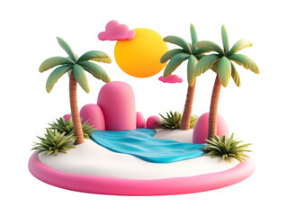 Obraz premium Vibrant 3D Summer Scene with Palm Trees and Sun on White Background