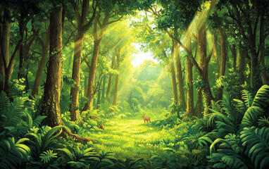 Fototapeta premium A dense forest with tall trees, sunlight filtering through the leaves, creating dappled light and shadow on the ground. The air is filled with a fresh, piney scent.