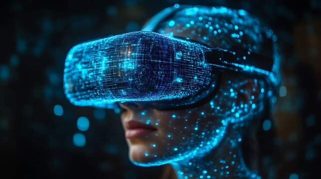 Woman immersed in VR, digital particles.