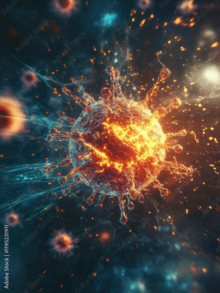 Aufkleber magnified view of a human cell under attack by a virus, showcasing cellular structures and viral imp