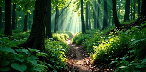 Obraz premium A narrow and winding forest path through the underbrush, dense foliage, forest path