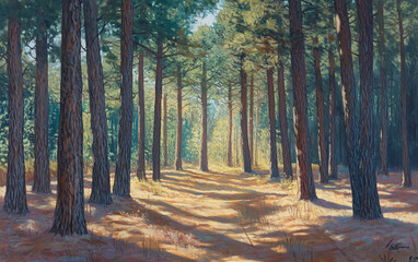 Obraz premium A dense forest with tall trees, sunlight filtering through the leaves, creating dappled light and shadow on the ground. The air is filled with a fresh, piney scent.