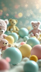 a close up of teddy bears with balloons