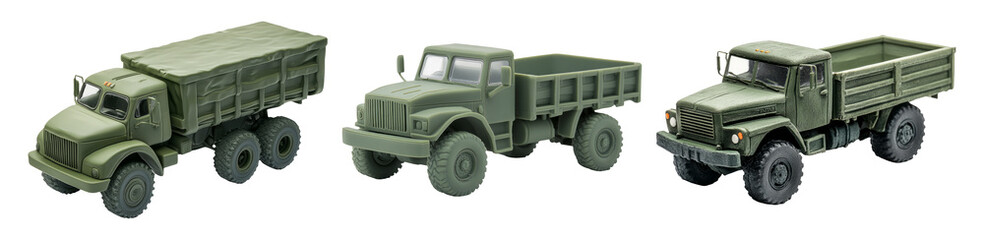 Obraz premium Collection of Plastic Toy Trucks on Transparent Background