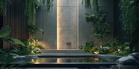 Zen Oasis:  A tranquil oasis beckons with lush tropical foliage framing a minimalist concrete pool, bathed in the golden light of dawn.
