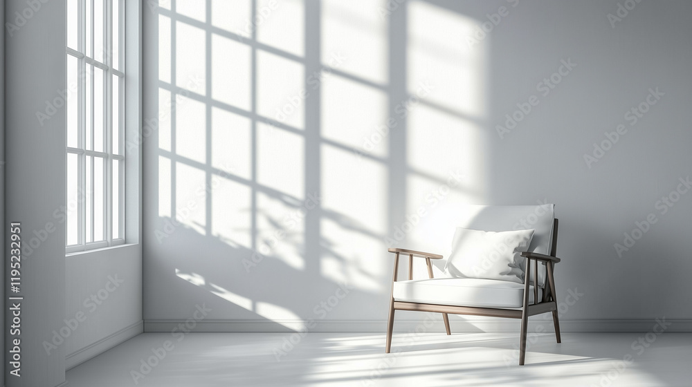 Poster minimalist scandinavian interior with bright sunlight streaming through a large window onto an isola