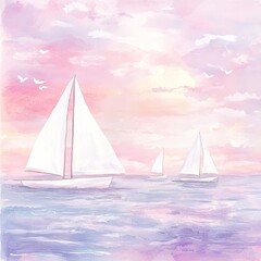 Naklejka premium Sailboats gliding across a windy sea, white sails billowing joyfully