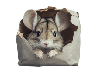 Chinchilla Jumps Out of Hole in Torn Gray Paper Box