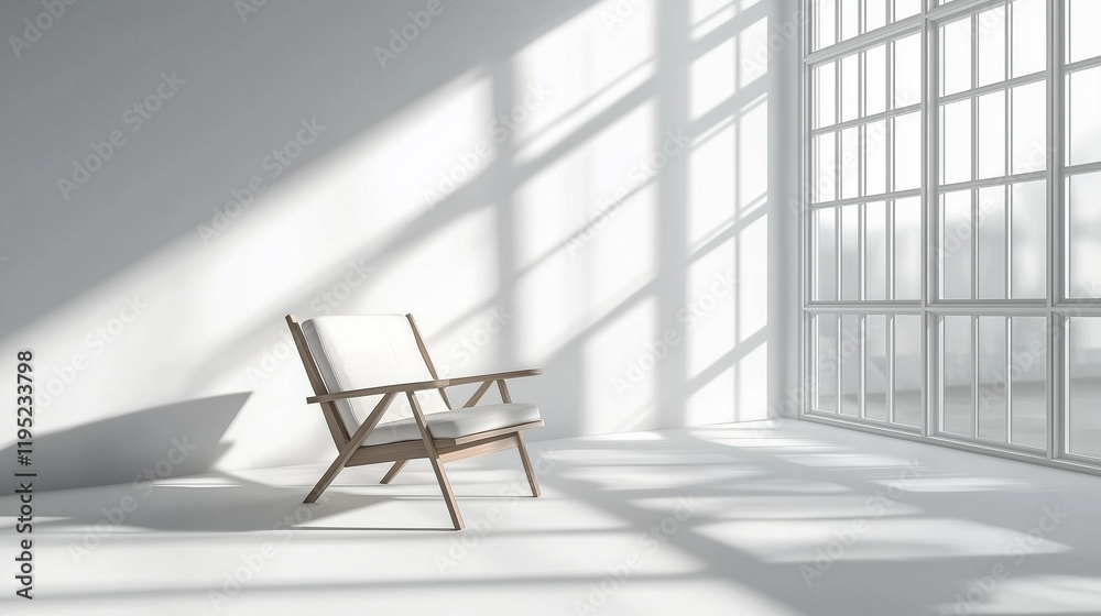 Poster minimalist scandinavian interior with bright sunlight streaming through a large window onto an isola