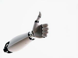 Robotic arm making thumbs up gesture against white background, futuristic, white background, artificial intelligence
