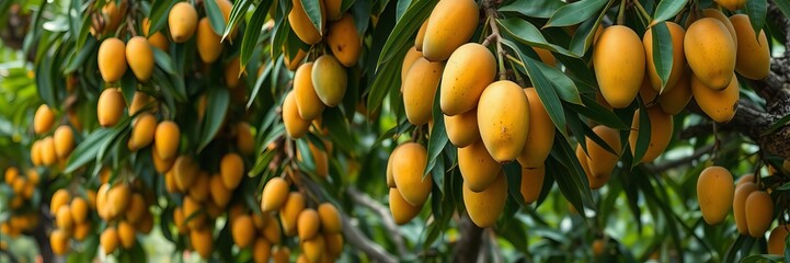 Ripe golden mangoes hanging from verdant branches in a lush mango plantation, fruit, organic, harvest